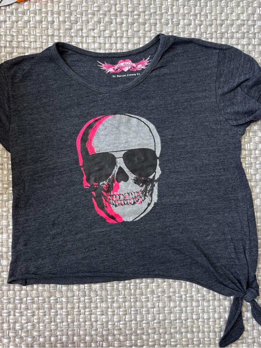 So Nikki Girls Dark Gray Tee with Pink & Silver Skull Graphic